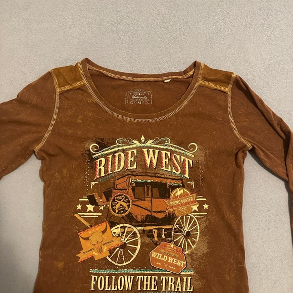 Panhandle Graphic T-Shirt Crew-Neck Long Sleeves Stretch Brown Womens Size M - Picture 3 of 16